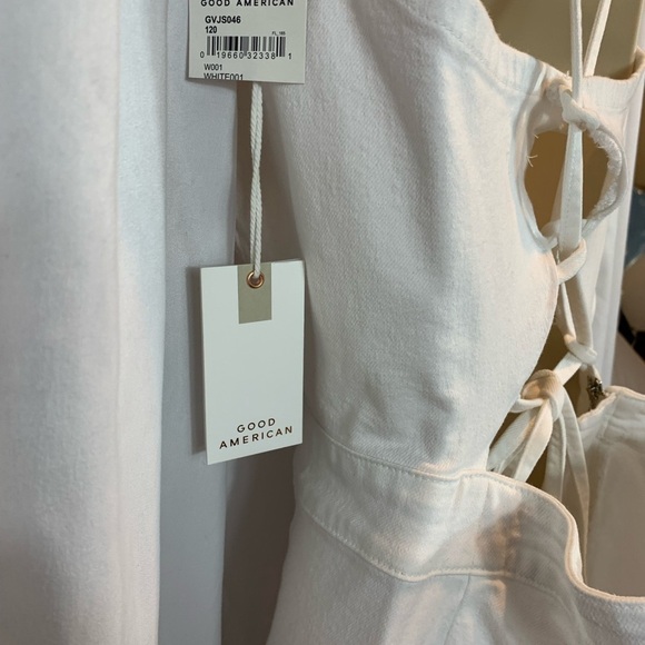 Good American White Denim Spaghetti Strap Lace Up Back Overalls - size 5 - Picture 3 of 9